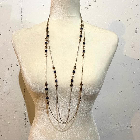 Necklace 2 strands gold tone blue shapes - Picture 3 of 6